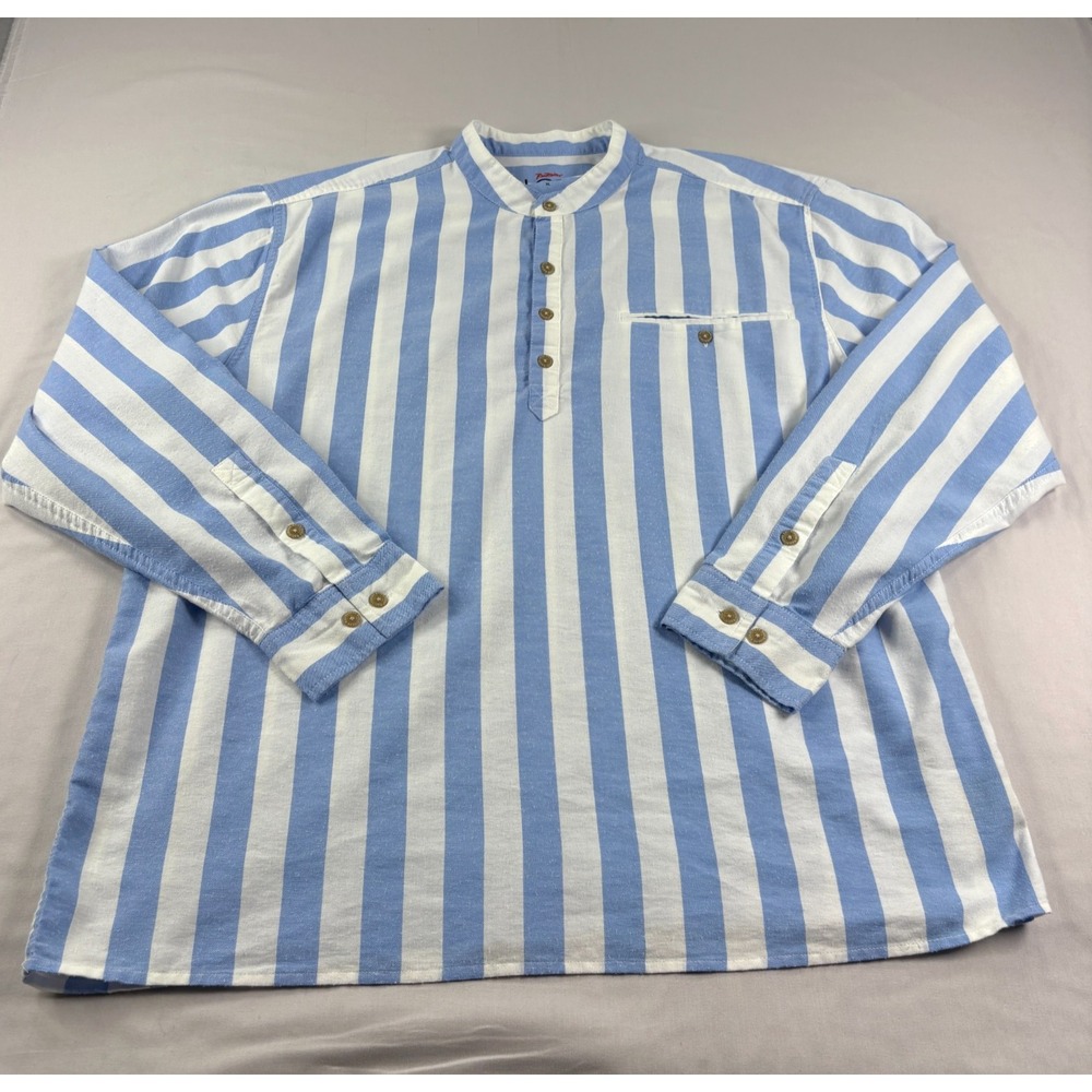 Rail Riders Shirt Mens XL Blue‎ Striped 1/4 Button Up Band Collar Long Sleeve